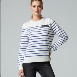 Calligraphie Womens XL Striped Cat Graphic Crewneck Sweater Blue White